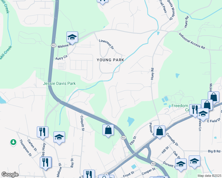 map of restaurants, bars, coffee shops, grocery stores, and more near 6387 Harvester Circle in Douglasville