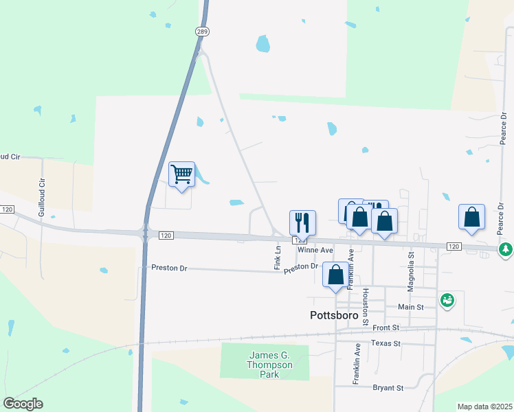 map of restaurants, bars, coffee shops, grocery stores, and more near 600 Texas 316 Spur in Pottsboro