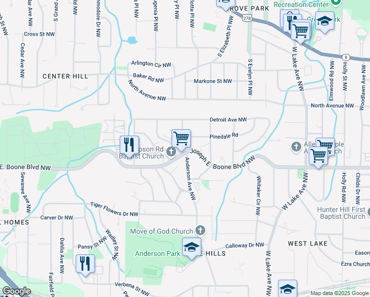 map of restaurants, bars, coffee shops, grocery stores, and more near 1971 Simpson Road Northwest in Atlanta
