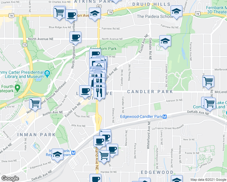 map of restaurants, bars, coffee shops, grocery stores, and more near McLendon Avenue Northeast & Elmira Place Northeast in Atlanta
