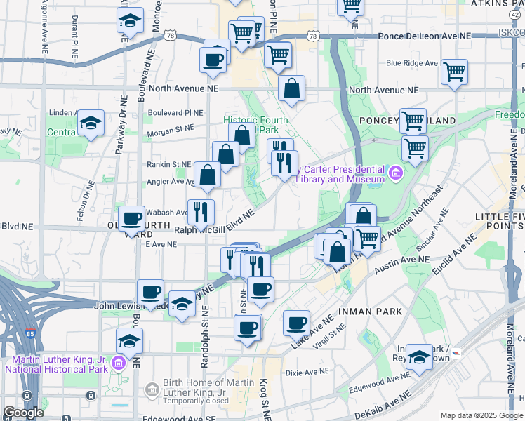 map of restaurants, bars, coffee shops, grocery stores, and more near 697 Ralph McGill Boulevard Northeast in Atlanta