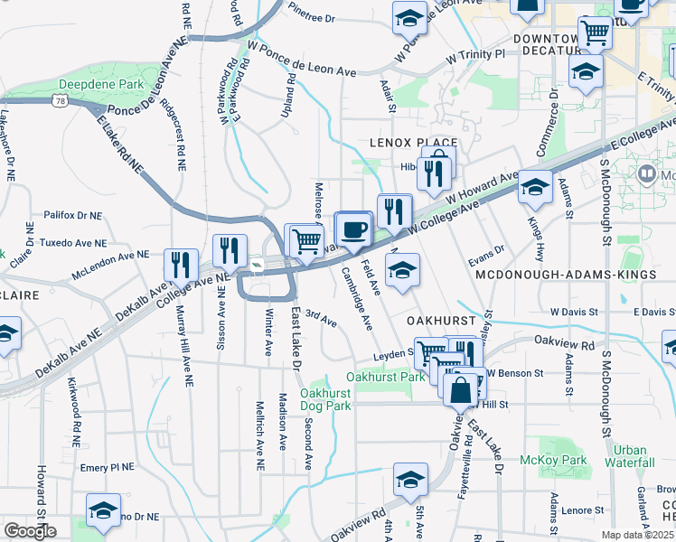 map of restaurants, bars, coffee shops, grocery stores, and more near 107 Cambridge Ave in Decatur