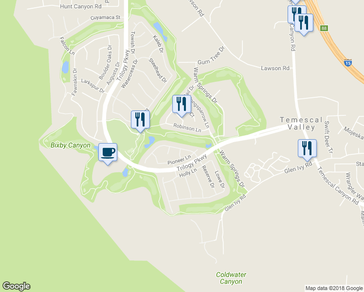 map of restaurants, bars, coffee shops, grocery stores, and more near 9262 Reserve Drive in Corona