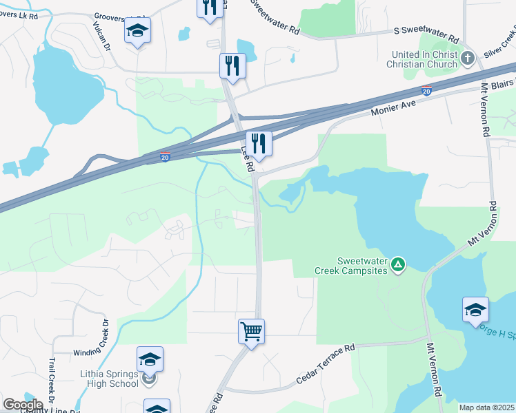 map of restaurants, bars, coffee shops, grocery stores, and more near 1521 Lee Road in Lithia Springs