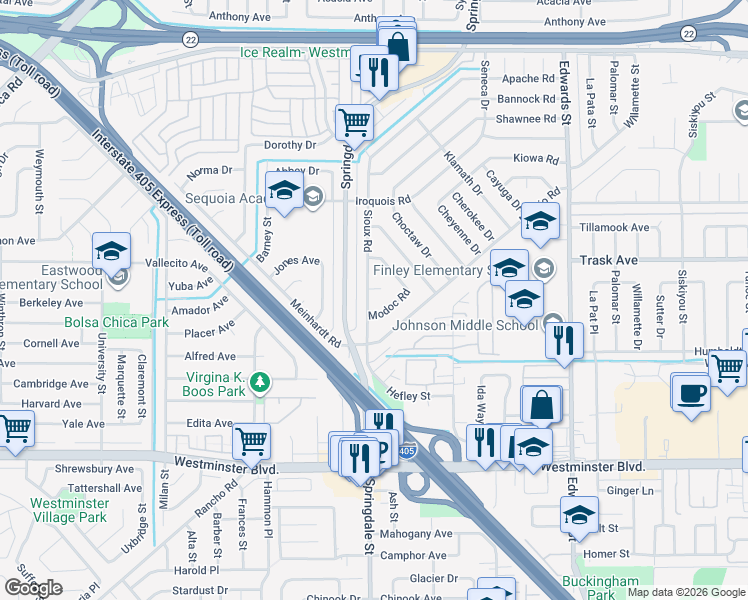 map of restaurants, bars, coffee shops, grocery stores, and more near 13612 Sioux Road in Westminster