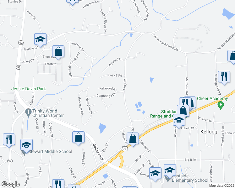 map of restaurants, bars, coffee shops, grocery stores, and more near 7815 Cambridge Drive in Douglasville