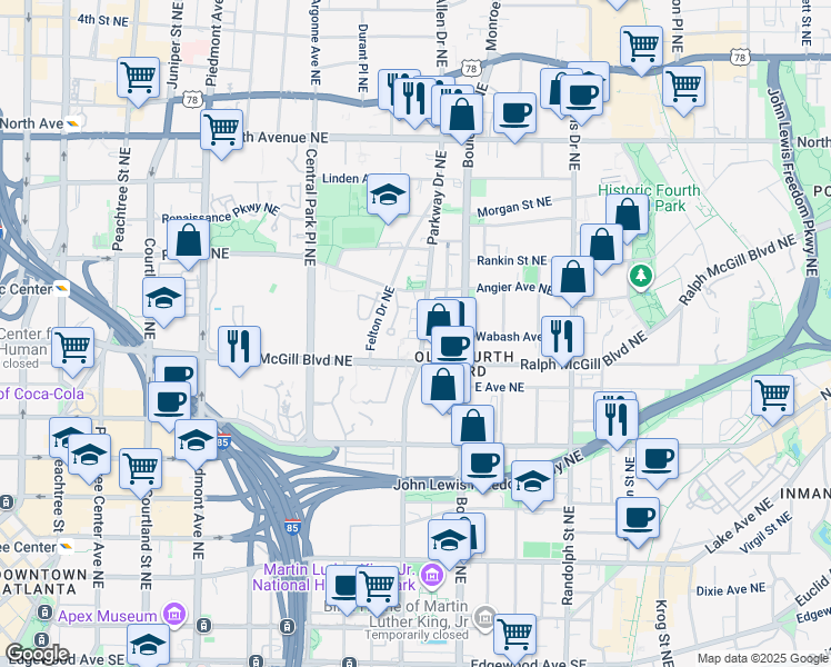 map of restaurants, bars, coffee shops, grocery stores, and more near 386 Parkway Drive Northeast in Atlanta