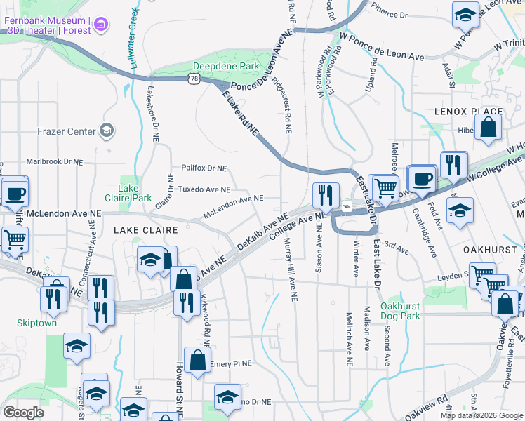 map of restaurants, bars, coffee shops, grocery stores, and more near 2118 Palifox Drive Northeast in Atlanta