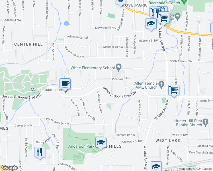 map of restaurants, bars, coffee shops, grocery stores, and more near 1931 Joseph E. Boone Boulevard Northwest in Atlanta