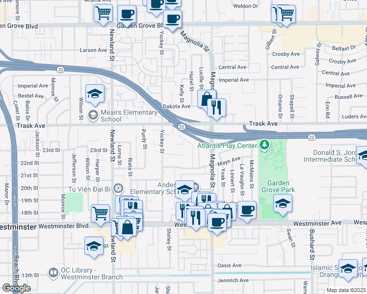 map of restaurants, bars, coffee shops, grocery stores, and more near 8832 Treva Circle in Garden Grove