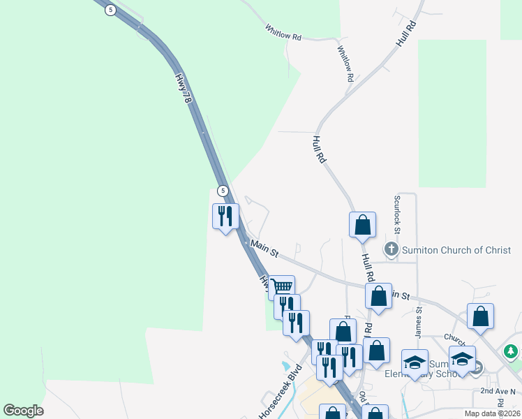 map of restaurants, bars, coffee shops, grocery stores, and more near 151 Reservoir Street in Sumiton