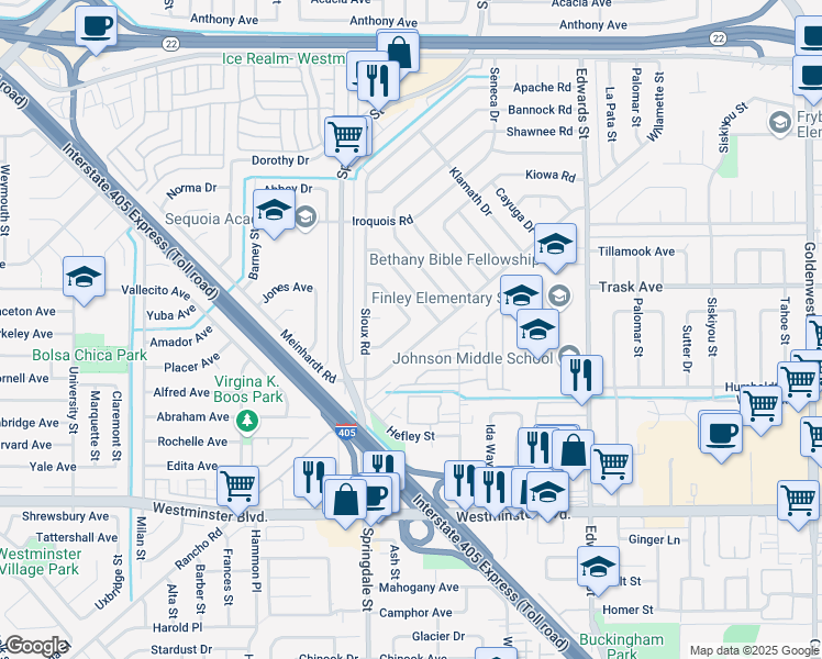 map of restaurants, bars, coffee shops, grocery stores, and more near 6102 Modoc Road in Westminster