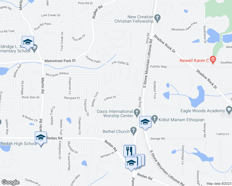 map of restaurants, bars, coffee shops, grocery stores, and more near 1000 Fox Valley Trail in Stone Mountain
