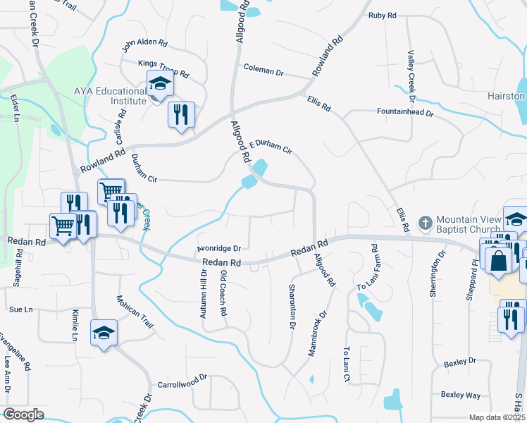 map of restaurants, bars, coffee shops, grocery stores, and more near 4420 Lake Breeze Drive in Stone Mountain