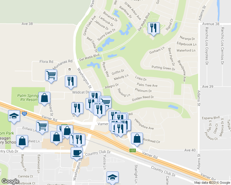 map of restaurants, bars, coffee shops, grocery stores, and more near 78258 Golden Reed Drive in Palm Desert