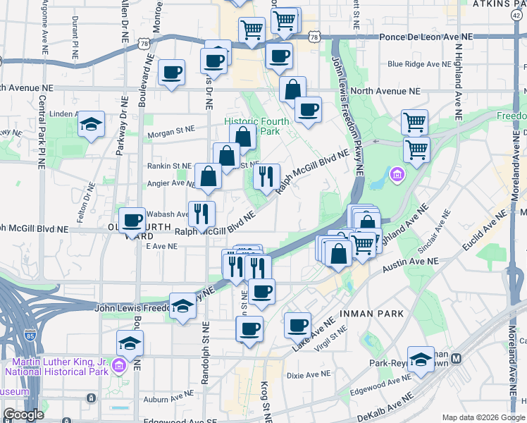 map of restaurants, bars, coffee shops, grocery stores, and more near 697 Ralph McGill Boulevard Northeast in Atlanta