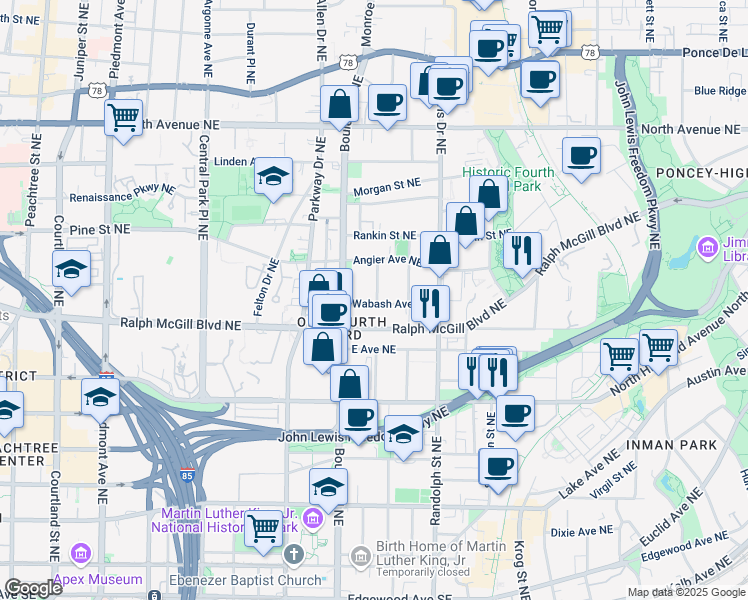 map of restaurants, bars, coffee shops, grocery stores, and more near 510 Wabash Avenue Northeast in Atlanta