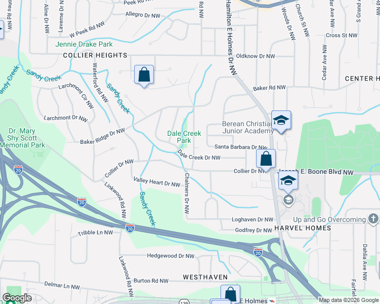 map of restaurants, bars, coffee shops, grocery stores, and more near 362 Collier Ridge Drive Northwest in Atlanta