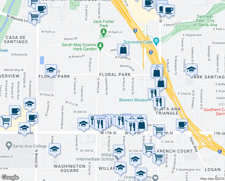 map of restaurants, bars, coffee shops, grocery stores, and more near 2118 Greenleaf Street in Santa Ana