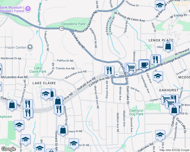 map of restaurants, bars, coffee shops, grocery stores, and more near 413 Ridgecrest Road Northeast in Atlanta