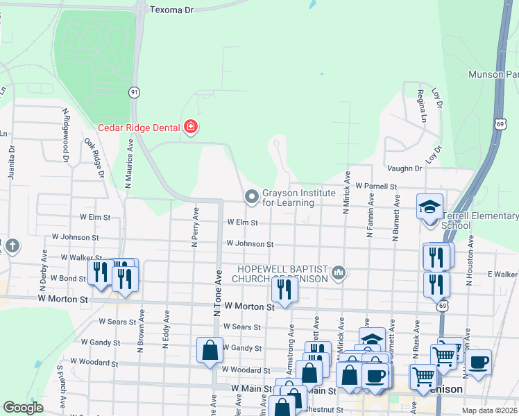 map of restaurants, bars, coffee shops, grocery stores, and more near 930 Martin Luther King Street in Denison