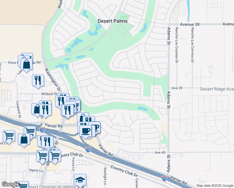 map of restaurants, bars, coffee shops, grocery stores, and more near 78633 Platinum Drive in Palm Desert