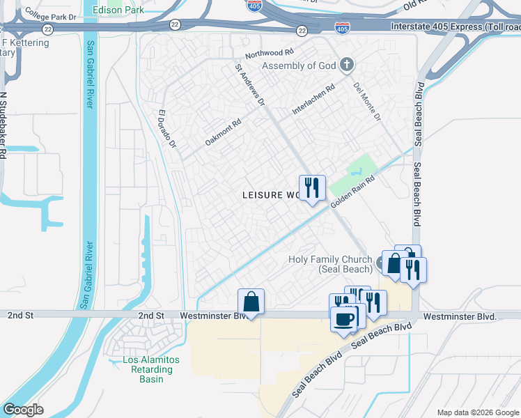 map of restaurants, bars, coffee shops, grocery stores, and more near 13611 Cedar Crest Lane in Seal Beach