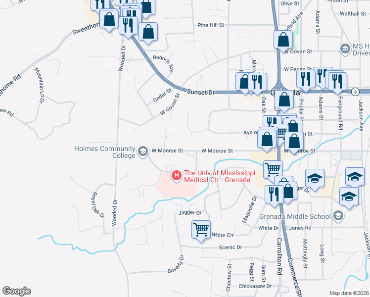 map of restaurants, bars, coffee shops, grocery stores, and more near 900-998 West Monroe Street in Grenada