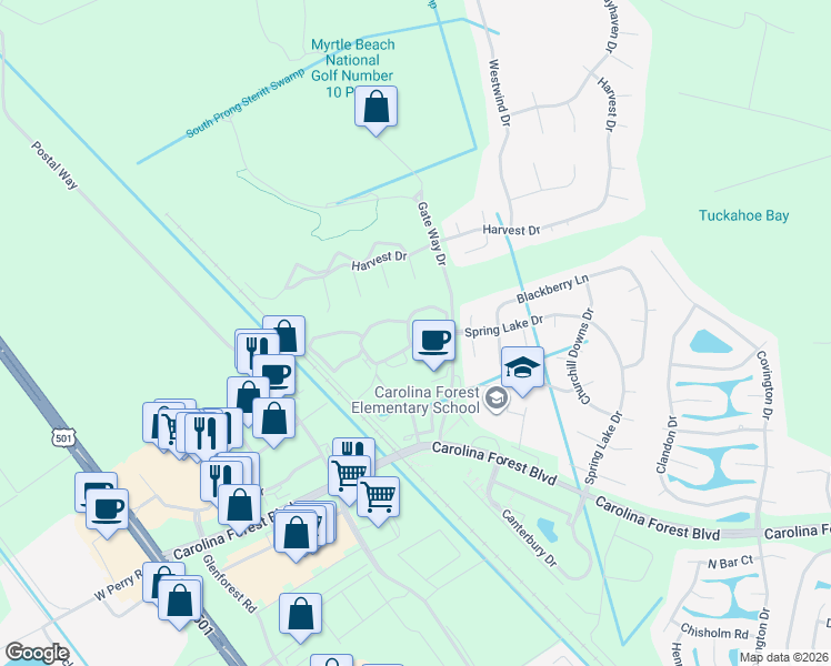 map of restaurants, bars, coffee shops, grocery stores, and more near 217 Wandering Way in Conway