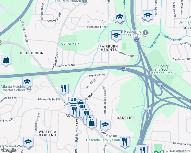 map of restaurants, bars, coffee shops, grocery stores, and more near 362 Ard Place Northwest in Atlanta