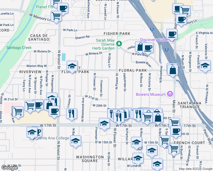 map of restaurants, bars, coffee shops, grocery stores, and more near 2116 North Olive Street in Santa Ana