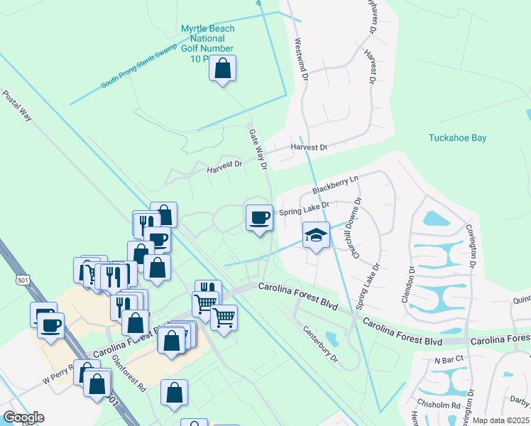 map of restaurants, bars, coffee shops, grocery stores, and more near 101 Ashley Park Drive in Myrtle Beach