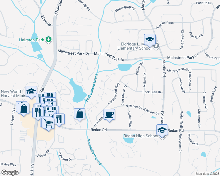 map of restaurants, bars, coffee shops, grocery stores, and more near 4952 Park West Drive in Stone Mountain