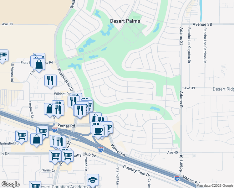 map of restaurants, bars, coffee shops, grocery stores, and more near 78529 Platinum Drive in Palm Desert