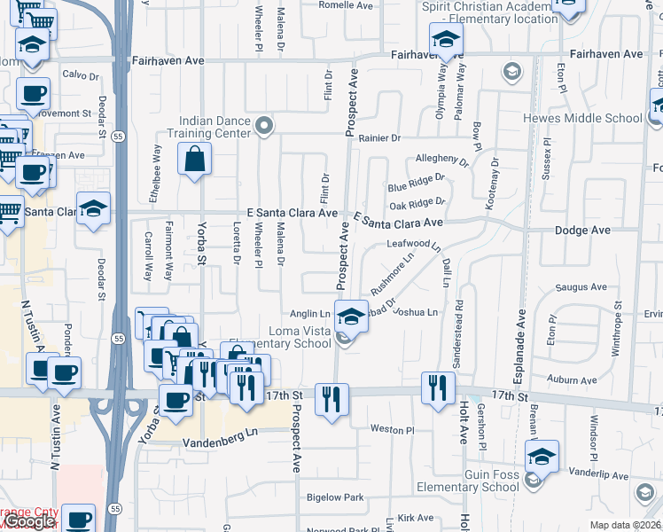 map of restaurants, bars, coffee shops, grocery stores, and more near 17761 Linda Lane in Santa Ana