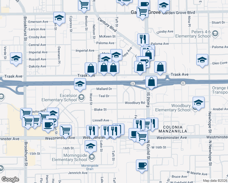 map of restaurants, bars, coffee shops, grocery stores, and more near 13622 Taft Street in Garden Grove