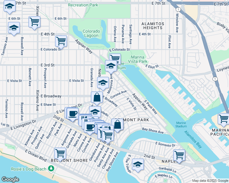 map of restaurants, bars, coffee shops, grocery stores, and more near 5208 East Vista Street in Long Beach