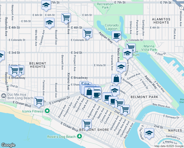 map of restaurants, bars, coffee shops, grocery stores, and more near 258 Park Avenue in Long Beach