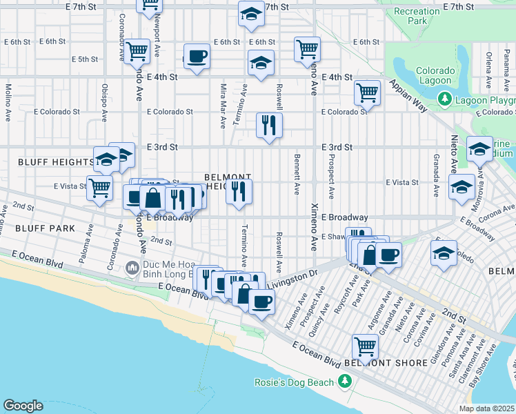 map of restaurants, bars, coffee shops, grocery stores, and more near 234 Belmont Avenue in Long Beach