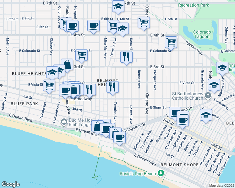 map of restaurants, bars, coffee shops, grocery stores, and more near 235 Termino Avenue in Long Beach