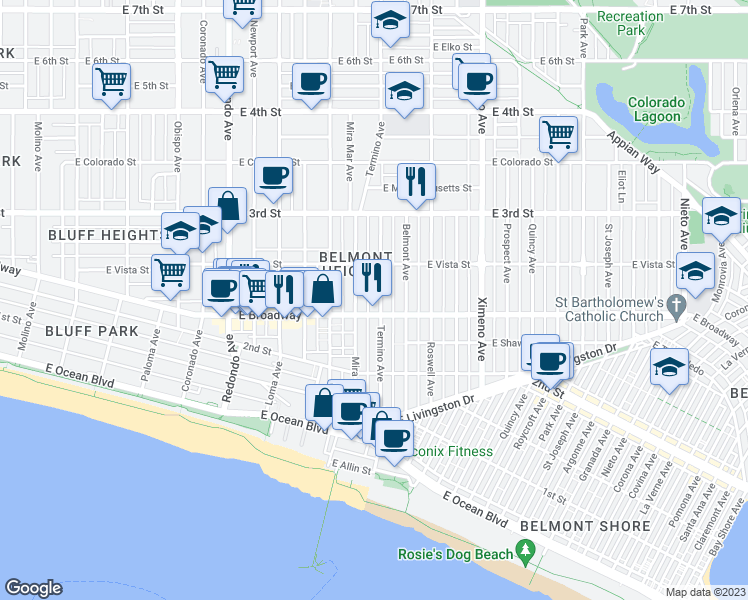 map of restaurants, bars, coffee shops, grocery stores, and more near 235 Termino Avenue in Long Beach