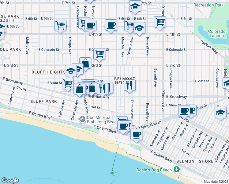 map of restaurants, bars, coffee shops, grocery stores, and more near 230 Euclid Avenue in Long Beach