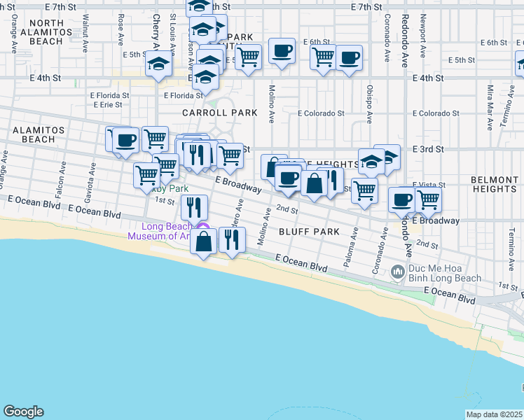 map of restaurants, bars, coffee shops, grocery stores, and more near 2662 East Dodge Way in Long Beach