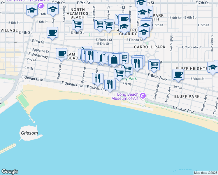 map of restaurants, bars, coffee shops, grocery stores, and more near in Long Beach