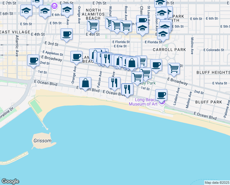 map of restaurants, bars, coffee shops, grocery stores, and more near 1719 East Ocean Boulevard in Long Beach