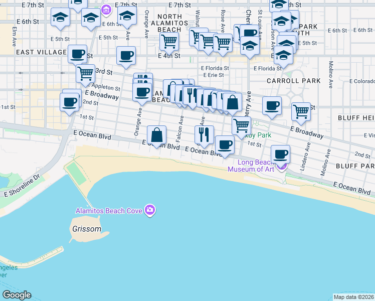 map of restaurants, bars, coffee shops, grocery stores, and more near 1610 East Ocean Boulevard in Long Beach