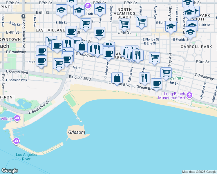 map of restaurants, bars, coffee shops, grocery stores, and more near 1200 East Ocean Boulevard in Long Beach