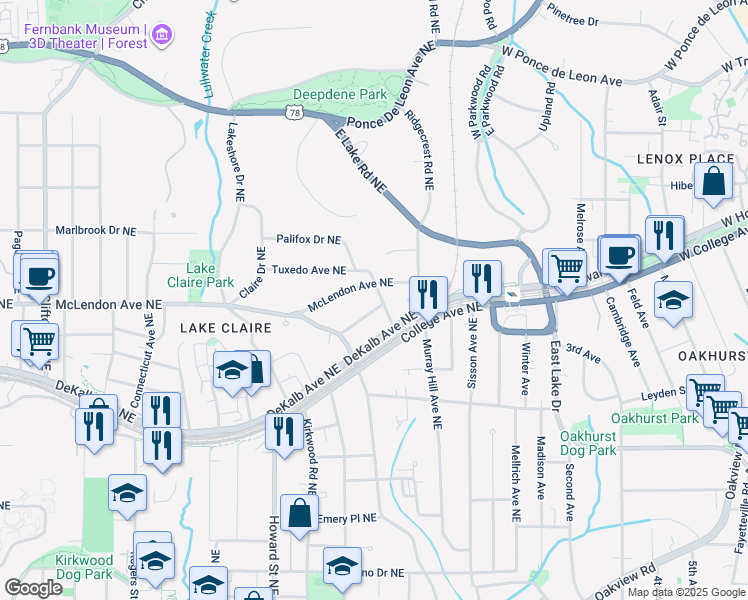map of restaurants, bars, coffee shops, grocery stores, and more near 2073 McLendon Avenue Northeast in Atlanta