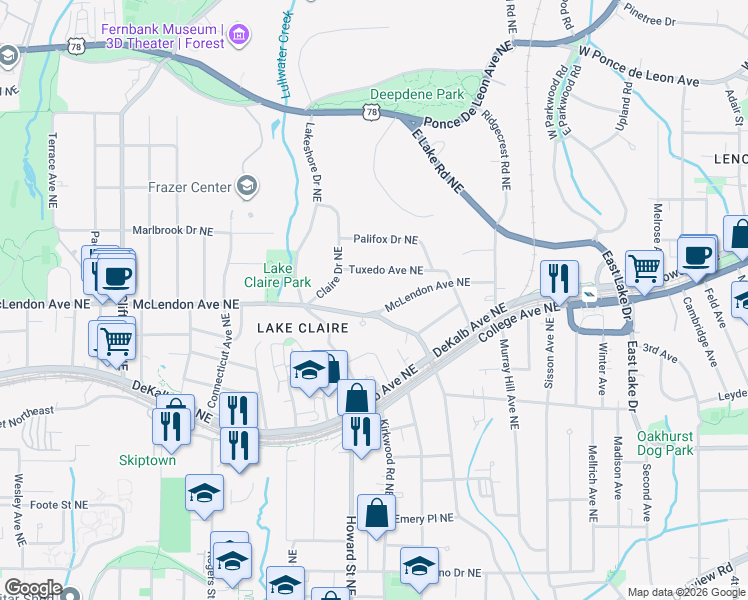 map of restaurants, bars, coffee shops, grocery stores, and more near 1984 McLendon Avenue Northeast in Atlanta