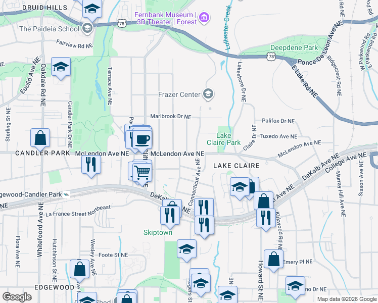 map of restaurants, bars, coffee shops, grocery stores, and more near 1778 McLendon Avenue Northeast in Atlanta